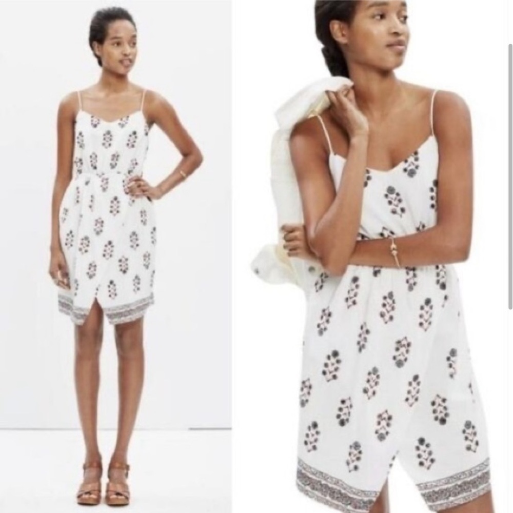 Madewell White Mini Slip Dress with Black & Brown Print